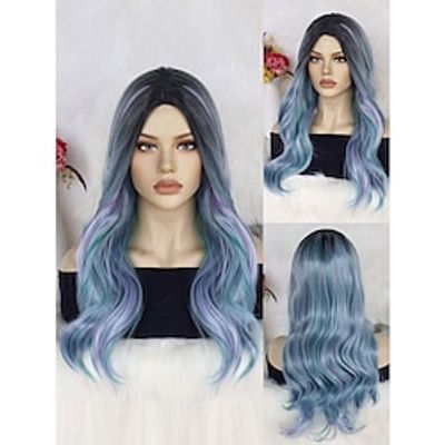 Wavy Multi-color 22 inch Long Wig  Ombre Blonde Blue Purple Mixed Natural Looking Centre-parted Synthetic Glueless Heat Resistant Fashion Soft Fiber Hair Christmas Party Wigs miniinthebox