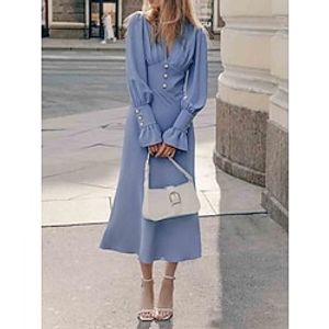 Women's Casual Dress A Line Dress Plain Dress Midi Dress Ruffle Button Street Holiday Date Elegant Streetwear V Neck Long Sleeve Regular Fit Blue Purple Khaki Color S M L Size Lightinthebox