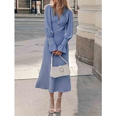 Women's Casual Dress A Line Dress Plain Dress Midi Dress Ruffle Button Street Holiday Date Elegant Streetwear V Neck Long Sleeve Regular Fit Blue Purple Khaki Color S M L Size Lightinthebox