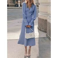 Women's Casual Dress A Line Dress Plain Dress Midi Dress Ruffle Button Street Holiday Date Elegant Streetwear V Neck Long Sleeve Regular Fit Blue Purple Khaki Color S M L Size Lightinthebox - thumbnail