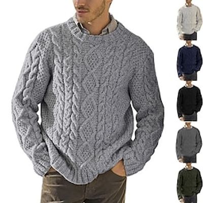 Men's Pullover Sweater Jumper Jumper Cable Knit Regular Knitted Plain Crew Neck Keep Warm Modern Contemporary Daily Wear Going out Clothing Apparel Fall Winter Black White M L XL Lightinthebox