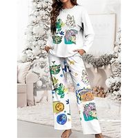 Women's Christmas Pajamas Sets Color Combo Warm Comfort Soft Home Christmas Daily Polyester Gift Crew Neck Long Sleeve T shirt Tee Fall Winter Purple Green Lightinthebox - thumbnail