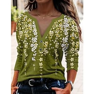 Women's T shirt Tee Army Green Red Blue Floral Button Print Long Sleeve Holiday Weekend Fashion V Neck Regular Fit Floral Painting Spring   Fall Lightinthebox