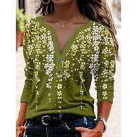 Women's T shirt Tee Army Green Red Blue Floral Button Print Long Sleeve Holiday Weekend Fashion V Neck Regular Fit Floral Painting Spring   Fall Lightinthebox - thumbnail