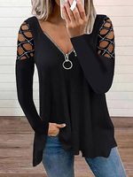 Fashion V-neck Solid Color Hollow Sleeves T-shirt