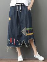 Embroidery Elastic Waist Drawstring Denim Skirts