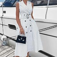 Women's Work Dress Blazer Dress Semi Formal Dress Elegant Office Daily Midi Dress Button Print Lapel Sleeveless Stripe Slim White Summer Fall S M L XL Lightinthebox