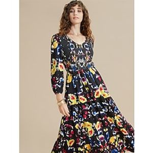 Women's Casual Dress Swing Dress Floral Print Design V Neck Midi Dress Streetwear A Line Street Vacation Long Sleeve Slim Black Spring Fall S M L XL 2XL Lightinthebox