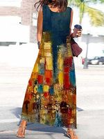 Casual Vintage Print Crew Neck Sleeveless Maxi Dress - thumbnail