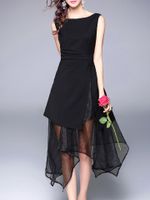 TangJie Sexy Asymmetrical Solid Black O-Neck Sleeveless Women Chiffon Dresses