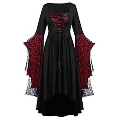 Women's Plus Size Dress A Line Dress Knee Length Dress Long Sleeve Color Block Lace up Ruffle Casual Fall Purple Black L XL XXL 3XL 4XL / Halloween miniinthebox