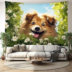 Dog in Flowers Hanging Tapestry Wall Art Large Tapestry Mural Decor Photograph Backdrop Blanket Curtain Home Bedroom Living Room Decoration Lightinthebox