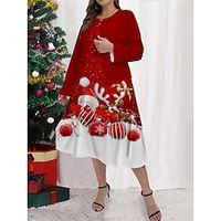 Women's Plus Size Curve Casual Dress Dress Set Two Piece Dress Santa Claus Elk Midi Dress Long Sleeve Print Crew Neck Fashion Outdoor White Red Fall Winter L XL XXL 3XL 4XL Lightinthebox - thumbnail