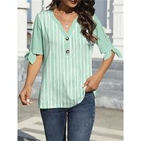 Women's T shirt Tee Striped Black Royal Blue Blue Print Short Sleeve Daily Going out Fashion V Neck Regular Fit Summer Lightinthebox - thumbnail