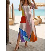 Women's Casual Dress Summer Dress Boho Chic Dresses Floral Geometric Split Print Crew Neck Long Dress Maxi Dress Bohemia Vintage Vacation Beach Short Sleeve Summer Lightinthebox