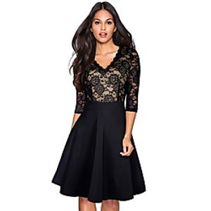 Women's A Line Dress Knee Length Dress Wine Black Navy Blue 3/4 Length Sleeve Color Block Lace Patchwork Deep V Basic Sophisticated S M L XL XXL / Cotton / Cotton miniinthebox