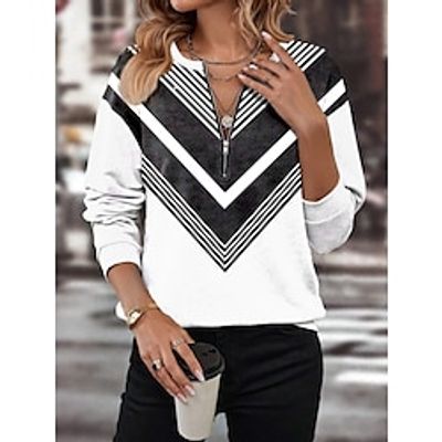Women's Sweatshirt Pullover Striped Active Sportswear Print Quarter Zip Black White Pink Casual Sports Round Neck Long Sleeve Micro-elastic Fall  Winter Lightinthebox