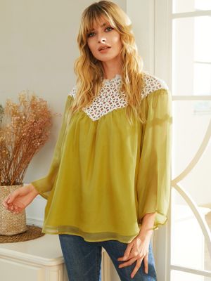 YOINS Yellow Hollow Design Patchwork Bell Sleeves Chiffon Shirt YOINS Yellow Hollow Design Patchwork Bell Sleeves Chiffon Shirt