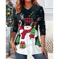 Christmas Shirt Women's T shirt Tee Snowman Snowflake Red Blue Green Print Button Long Sleeve Christmas Weekend Festival  Holiday V Neck Regular Fit Spring   Fall Lightinthebox - thumbnail