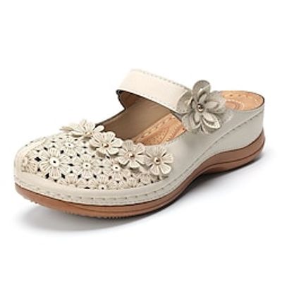 Women's Mules Outdoor Slippers Outdoor Daily Flower Flat Heel Round Toe Casual Classic Minimalism Faux Leather Loafer Solid Color Black White Yellow miniinthebox