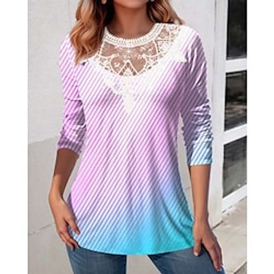 Women's Shirt Blouse Striped Color Gradient Pink Blue Green Print Lace Patchwork Long Sleeve Casual Fashion Round Neck Regular Fit Spring   Fall Lightinthebox