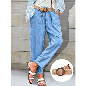 Women's Linen Cotton Blend Pants Full Length Pocket Light High Cut Comfortable High Waist Natural Basic Casual Daily Wear Vacation Blue S 3XL Summer Spring(Belt Included) Lightinthebox
