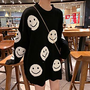 Women's Pullover Sweater Modern Style Emoji Face Basic Casual Long Sleeve Loose Sweater Cardigans Round Neck Fall Winter White smiley / Holiday miniinthebox