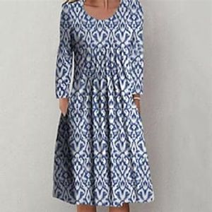 Women's Casual Dress Shift Dress Midi Dress Blue Long Sleeve Floral Pocket Print Fall Winter Round Neck Vacation Casual 2022 S M L XL XXL 3XL Lightinthebox