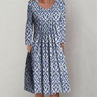 Women's Casual Dress Shift Dress Midi Dress Blue Long Sleeve Floral Pocket Print Fall Winter Round Neck Vacation Casual 2022 S M L XL XXL 3XL Lightinthebox - thumbnail
