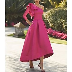 A-Line Cocktail Dresses Elegant Dress Wedding Guest Asymmetrical 34 Length Sleeve One Shoulder Stretch Fabric with Ruffles 2023 Lightinthebox