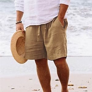 Men's Shorts Linen Shorts Drawstring Elastic Waist Straight Leg Solid Colored Comfort Breathable Short Daily Beach Linen  Cotton Blend Fashion Chic  Modern Green Black Micro-elastic Lightinthebox