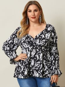 YOINS Plus Size V-neck Animal Wrap Design Long Sleeves Blouse