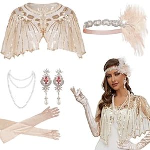 Elegant Vintage 1920s The Great Gatsby Ball Gown Gloves Necklace Flapper Headband Accesories Set Necklace Earrings The Great Gatsby Women's Feather Beads Cosplay Costume New Year Performance Shawl Lightinthebox