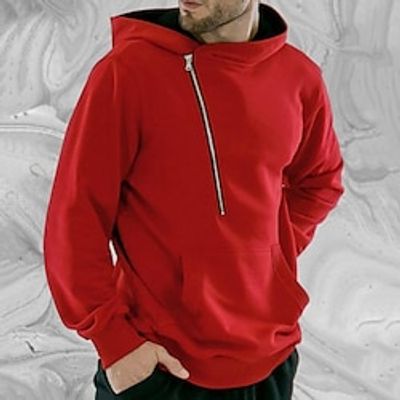 Men's Hoodie Quarter Zip Hoodie Red Hooded Plain Front Pocket Sports Outdoor Daily Holiday Streetwear Cool Casual Spring Fall Clothing Apparel Hoodies Sweatshirts miniinthebox