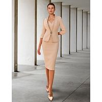 Two Piece Mother of the Bride Dress Formal Wedding Guest Elegant Jewel Neck Knee Length Stretch Fabric 34 Length Sleeve Cap Sleeve with Beading Flower 2023 Lightinthebox - thumbnail
