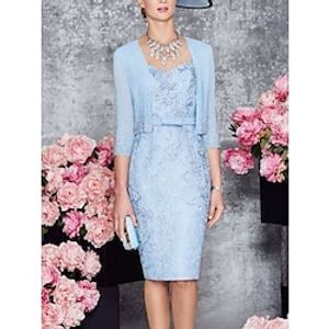 Two Piece Mother of the Bride Dress Wedding Guest Party Elegant Petite Square Neck Knee Length Chiffon Lace 34 Length Sleeve with Bow(s) Solid Color 2023 Lightinthebox