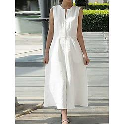 Women's Casual Dress Cotton Summer Dress White Cotton Dress Maxi Dress Linen Pocket Basic Daily Split Neck Sleeveless Summer Spring Black White Plain Lightinthebox