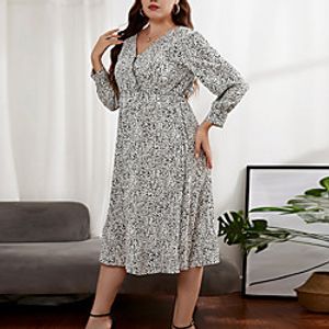 Women's Plus Size A Line Dress Floral V Neck Print Long Sleeve Spring Summer Work Casual Knee Length Dress Causal Daily Dress Lightinthebox