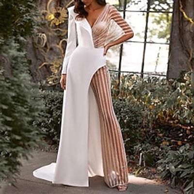 Women's Jumpsuit Lace Mesh Striped V Neck Elegant Party Going out Regular Fit Long Sleeve White S M L Spring Lightinthebox