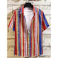 Men's Shirt Other Prints Striped Button-Down Print Short Sleeve Daily Tops 100% Cotton Casual Hawaiian Blue Green miniinthebox - thumbnail