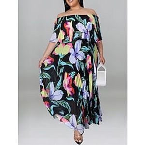 Women's Plus Size Loungewear Nightgown Dress Flower Casual Comfort Sweet Home Daily Vacation Polyester Breathable Off Shoulder Short Sleeve Spring Summer Black Yellow Lightinthebox