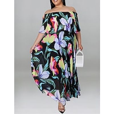 Women's Plus Size Loungewear Nightgown Dress Flower Casual Comfort Sweet Home Daily Vacation Polyester Breathable Off Shoulder Short Sleeve Spring Summer Black Yellow Lightinthebox
