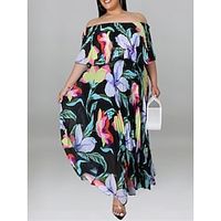 Women's Plus Size Loungewear Nightgown Dress Flower Casual Comfort Sweet Home Daily Vacation Polyester Breathable Off Shoulder Short Sleeve Spring Summer Black Yellow Lightinthebox - thumbnail