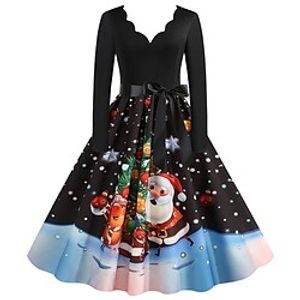 Women's Christmas Party Dress Knee Length Dress Purple Royal Blue Dark Blue Red Black Long Sleeve Elk Tree Bell Bow Print Fall Winter V Neck Vintage Elegant Party 2022 Lightinthebox