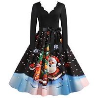 Women's Christmas Party Dress Knee Length Dress Purple Royal Blue Dark Blue Red Black Long Sleeve Elk Tree Bell Bow Print Fall Winter V Neck Vintage Elegant Party 2022 Lightinthebox - thumbnail