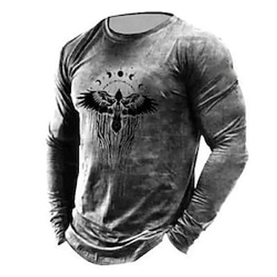 Graphic Animal Viking Designer Casual Vintage Retro Men's 3D Print T shirt Tee Sports Outdoor Holiday Going out T shirt Gray Long Sleeve Crew Neck Shirt Spring   Fall Clothing Apparel S M L XL 2XL Lightinthebox