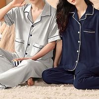 Couples Matching Pajamas 2 Pcs Long Sleeve Sleepwear Satin Soft Button Down Loungewear Pjs Set Lightinthebox - thumbnail