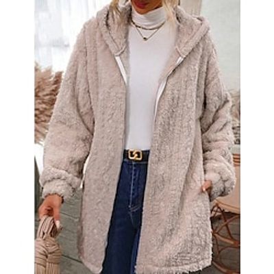Women's Teddy Coat Fleece Sherpa Jacket Thermal Warm Open Front Hoodie Jacket Winter Coat Windproof Heated Jacket Outerwear Long Sleeve Fall White Cream Lightinthebox