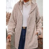 Women's Teddy Coat Fleece Sherpa Jacket Thermal Warm Open Front Hoodie Jacket Winter Coat Windproof Heated Jacket Outerwear Long Sleeve Fall White Cream Lightinthebox - thumbnail