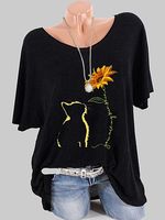 Round Neck Cat Print Sleeve T-shirt - thumbnail